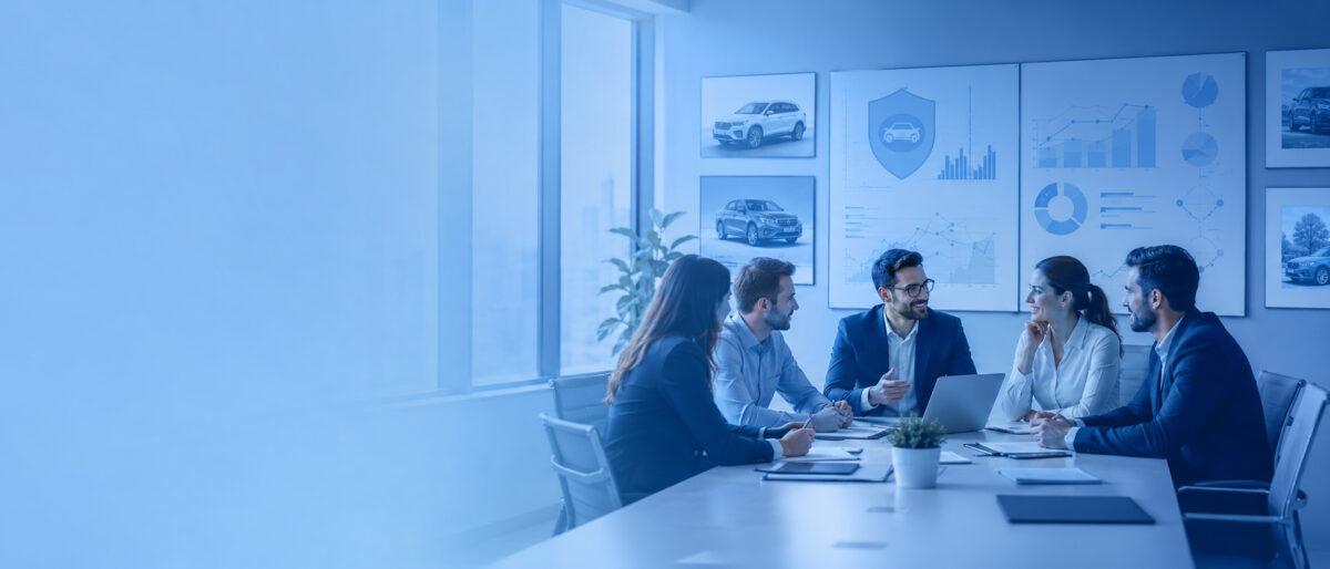 Professional team meeting in a modern office with car insurance charts and vehicle images on the wall, shown with a soft blue overlay for website hero pages.