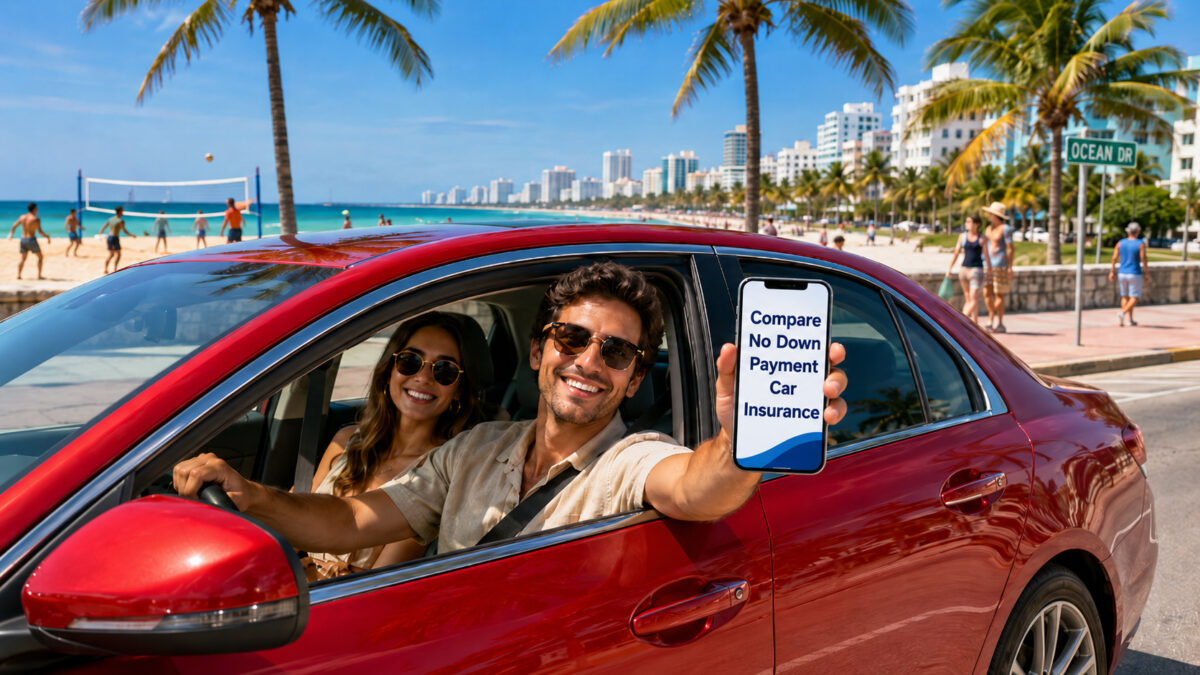 Couple in a red car near Miami Beach comparing no down payment car insurance options on a phone