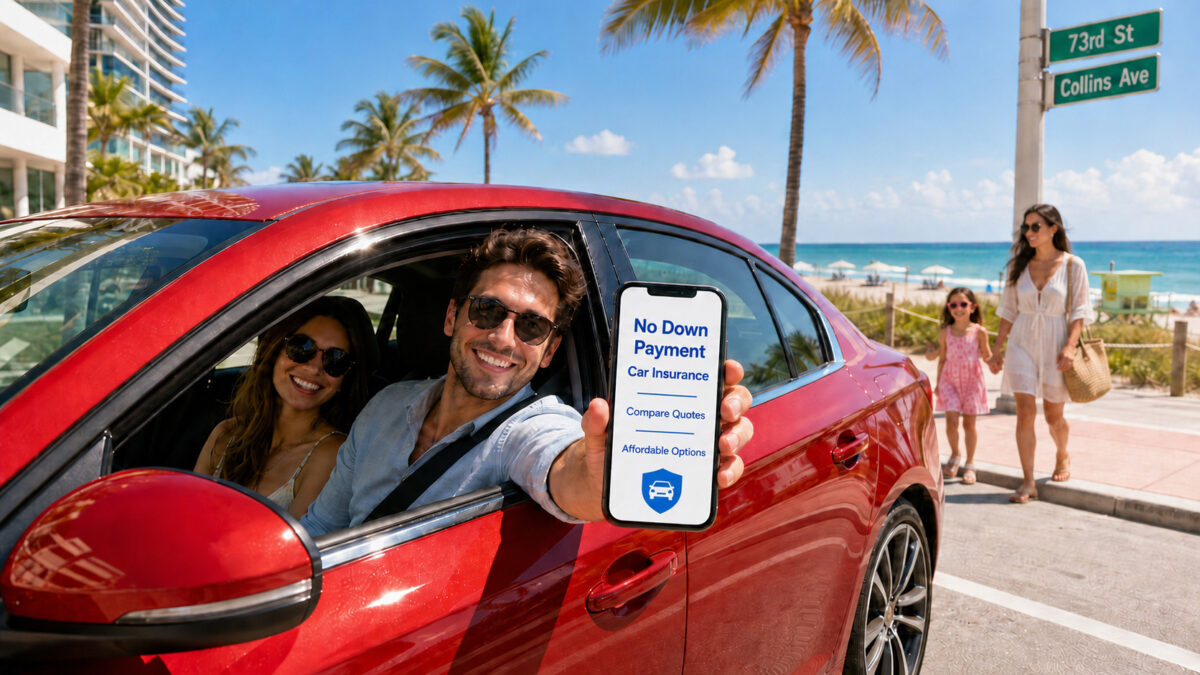 Smiling driver in a red car near Miami Beach holding a phone that says No Down Payment Car Insurance, with palm trees and ocean in the background.